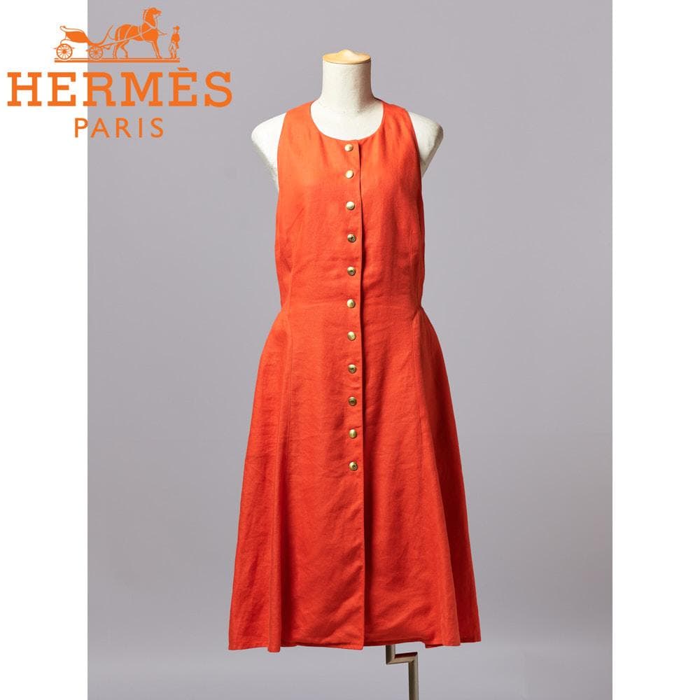 【SIZE:38】HERMES リネン100% エルメス オレンジリネンドレス