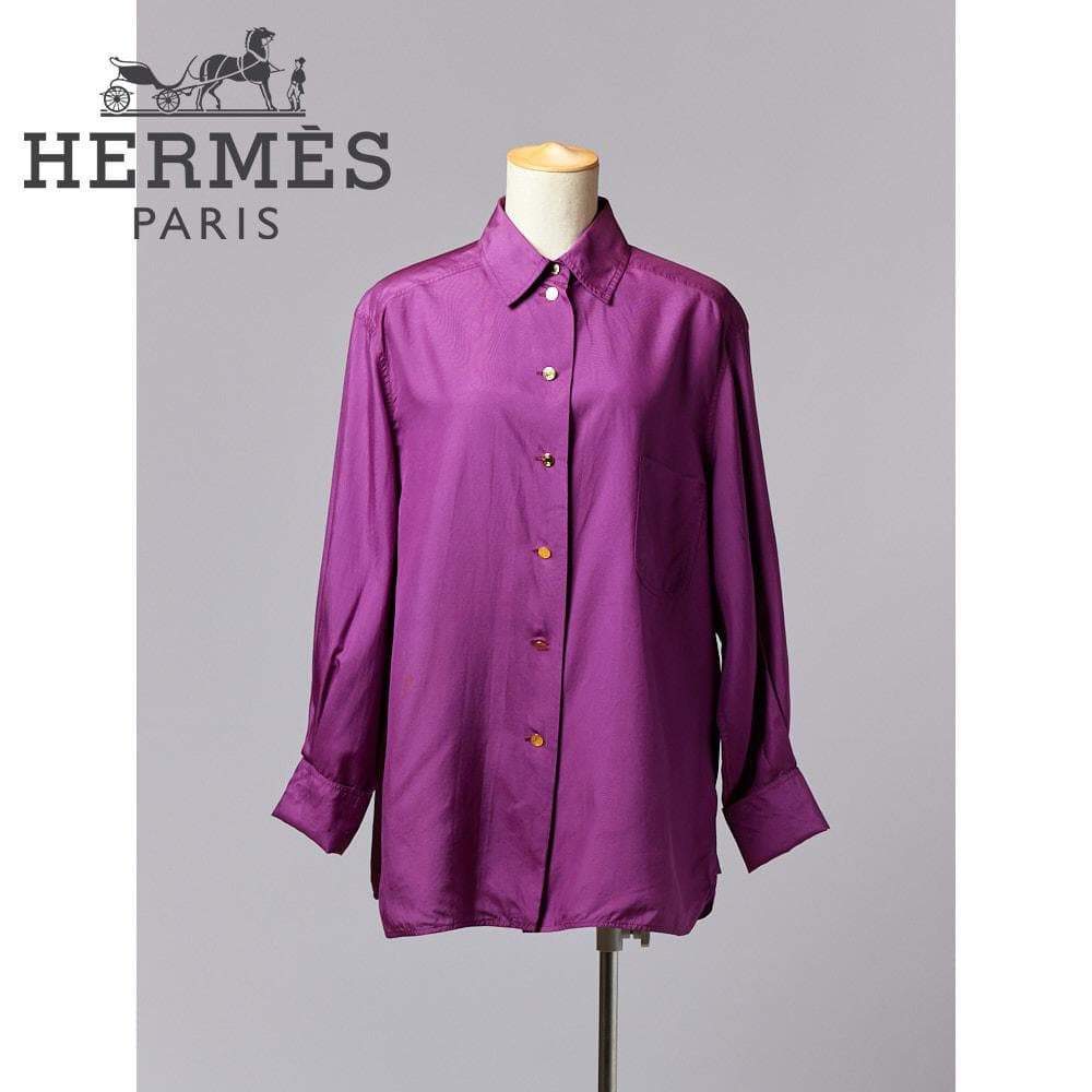 【SIZE:40】HERMES シルクシャツ ダブルカフス カシスパープル